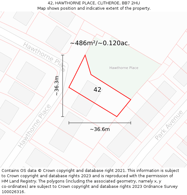 42, HAWTHORNE PLACE, CLITHEROE, BB7 2HU: Plot and title map