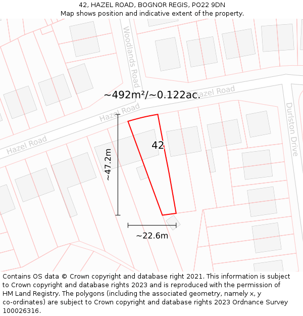 42, HAZEL ROAD, BOGNOR REGIS, PO22 9DN: Plot and title map