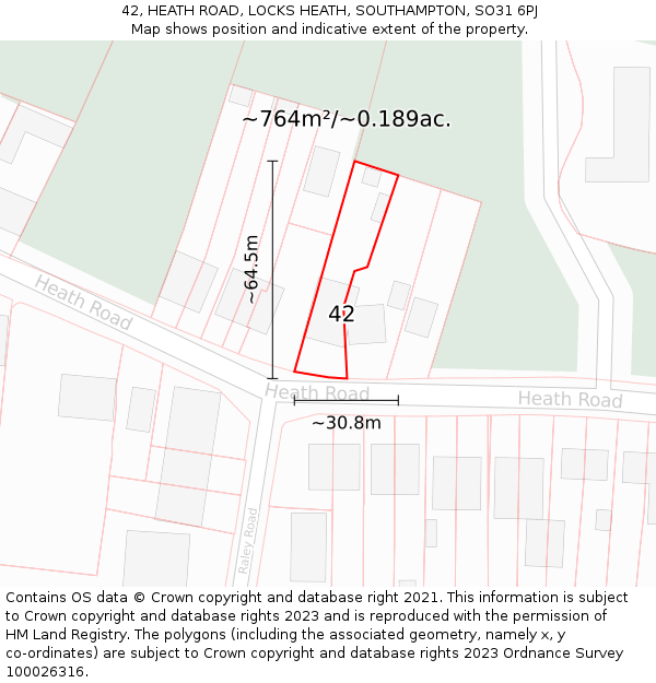 42, HEATH ROAD, LOCKS HEATH, SOUTHAMPTON, SO31 6PJ: Plot and title map