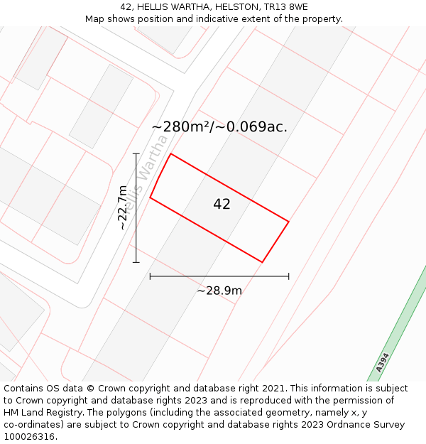 42, HELLIS WARTHA, HELSTON, TR13 8WE: Plot and title map