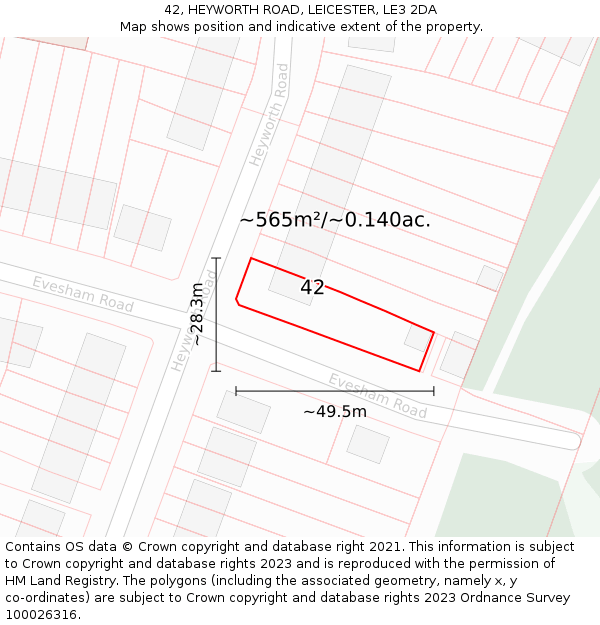 42, HEYWORTH ROAD, LEICESTER, LE3 2DA: Plot and title map