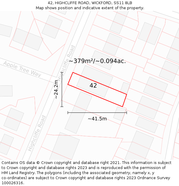42, HIGHCLIFFE ROAD, WICKFORD, SS11 8LB: Plot and title map