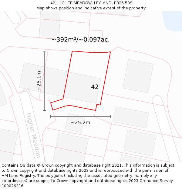 42, HIGHER MEADOW, LEYLAND, PR25 5RS: Plot and title map