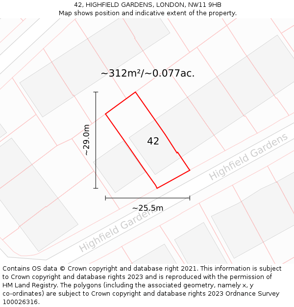 42, HIGHFIELD GARDENS, LONDON, NW11 9HB: Plot and title map