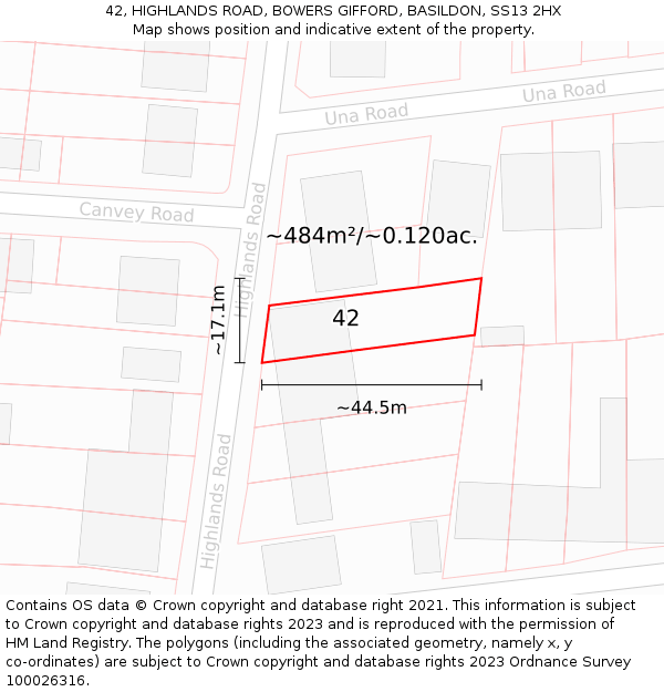 42, HIGHLANDS ROAD, BOWERS GIFFORD, BASILDON, SS13 2HX: Plot and title map