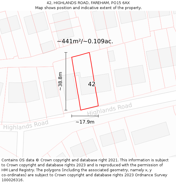 42, HIGHLANDS ROAD, FAREHAM, PO15 6AX: Plot and title map