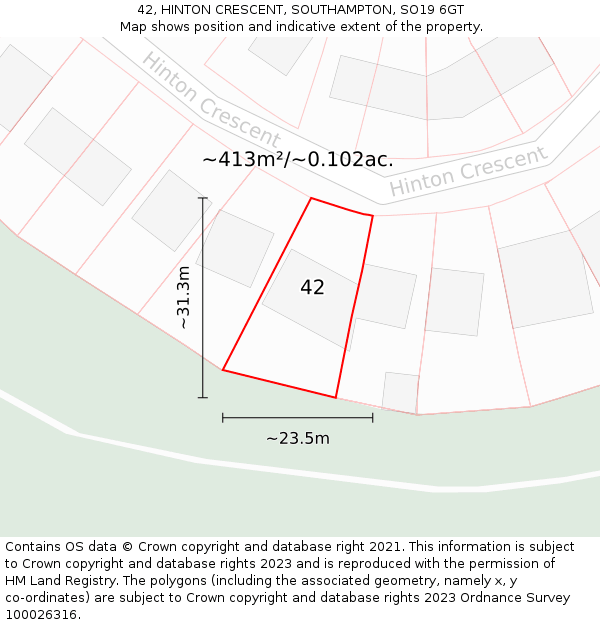 42, HINTON CRESCENT, SOUTHAMPTON, SO19 6GT: Plot and title map