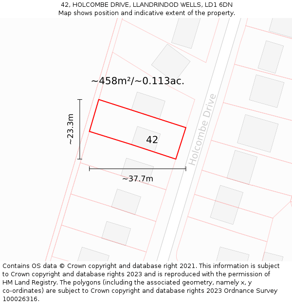 42, HOLCOMBE DRIVE, LLANDRINDOD WELLS, LD1 6DN: Plot and title map