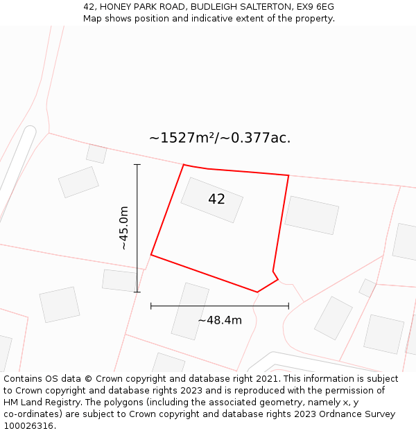 42, HONEY PARK ROAD, BUDLEIGH SALTERTON, EX9 6EG: Plot and title map