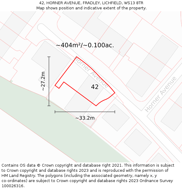 42, HORNER AVENUE, FRADLEY, LICHFIELD, WS13 8TR: Plot and title map