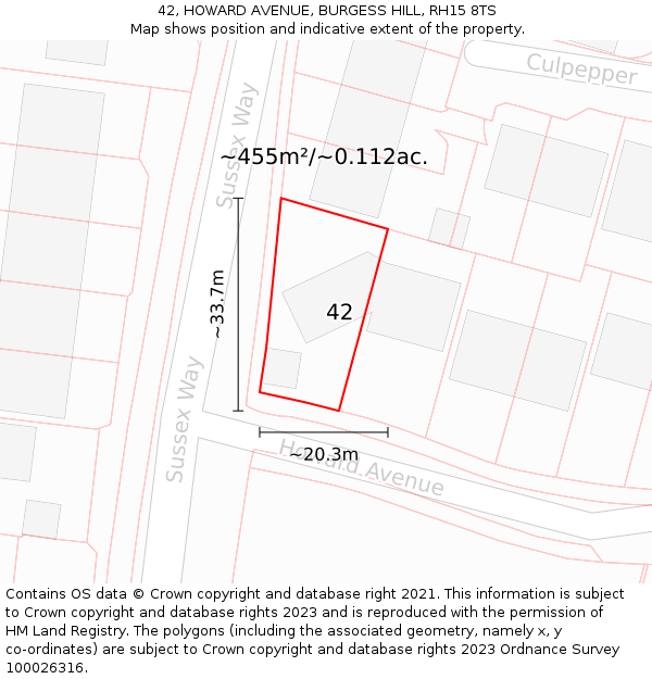 42, HOWARD AVENUE, BURGESS HILL, RH15 8TS: Plot and title map