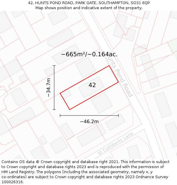 42, HUNTS POND ROAD, PARK GATE, SOUTHAMPTON, SO31 6QP: Plot and title map