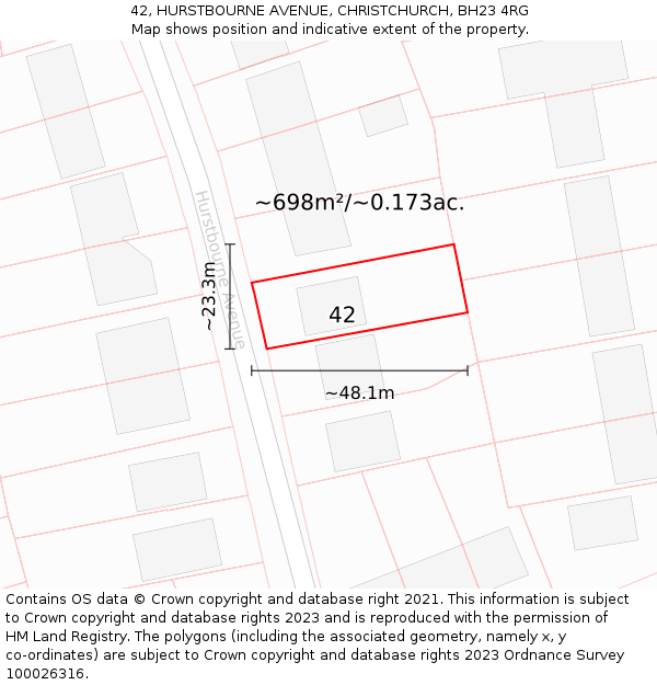 42, HURSTBOURNE AVENUE, CHRISTCHURCH, BH23 4RG: Plot and title map