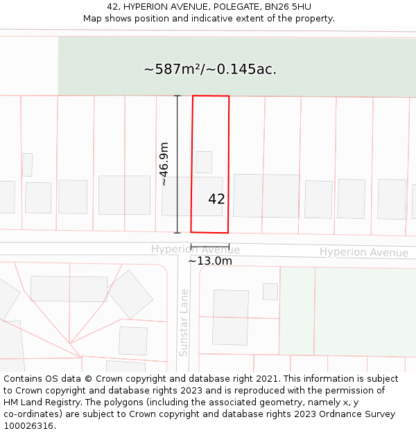 42, HYPERION AVENUE, POLEGATE, BN26 5HU: Plot and title map