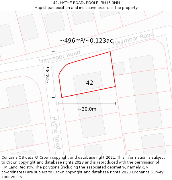 42, HYTHE ROAD, POOLE, BH15 3NN: Plot and title map