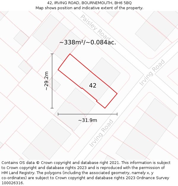 42, IRVING ROAD, BOURNEMOUTH, BH6 5BQ: Plot and title map