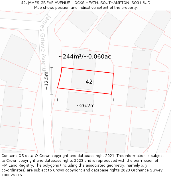 42, JAMES GRIEVE AVENUE, LOCKS HEATH, SOUTHAMPTON, SO31 6UD: Plot and title map