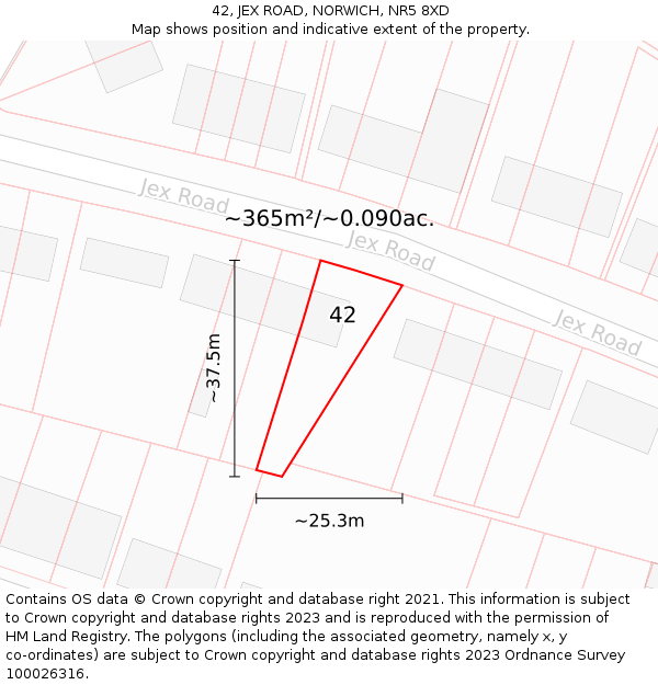 42, JEX ROAD, NORWICH, NR5 8XD: Plot and title map