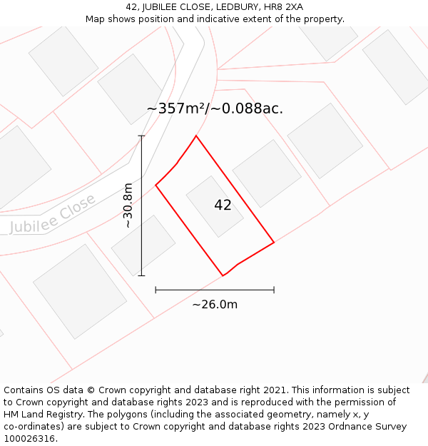 42, JUBILEE CLOSE, LEDBURY, HR8 2XA: Plot and title map