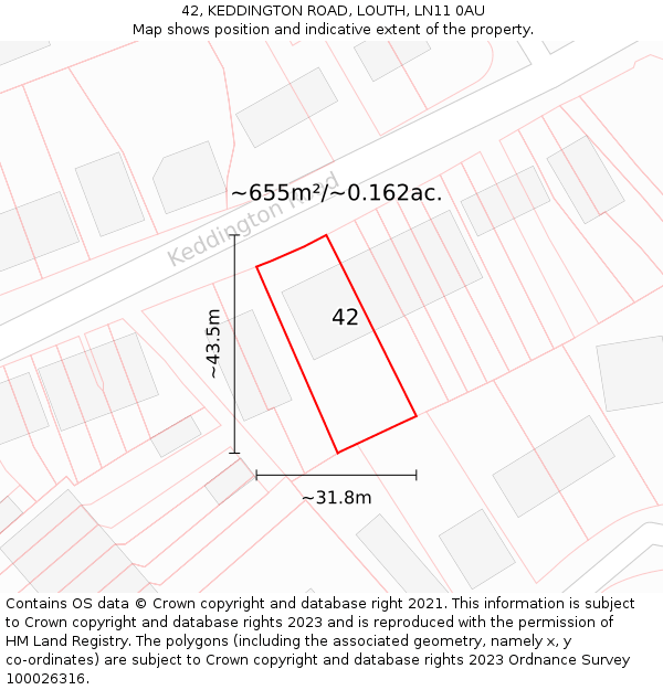 42, KEDDINGTON ROAD, LOUTH, LN11 0AU: Plot and title map