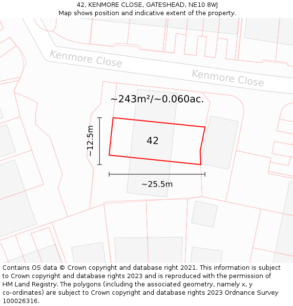 42, KENMORE CLOSE, GATESHEAD, NE10 8WJ: Plot and title map