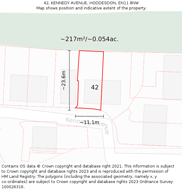 42, KENNEDY AVENUE, HODDESDON, EN11 8NW: Plot and title map
