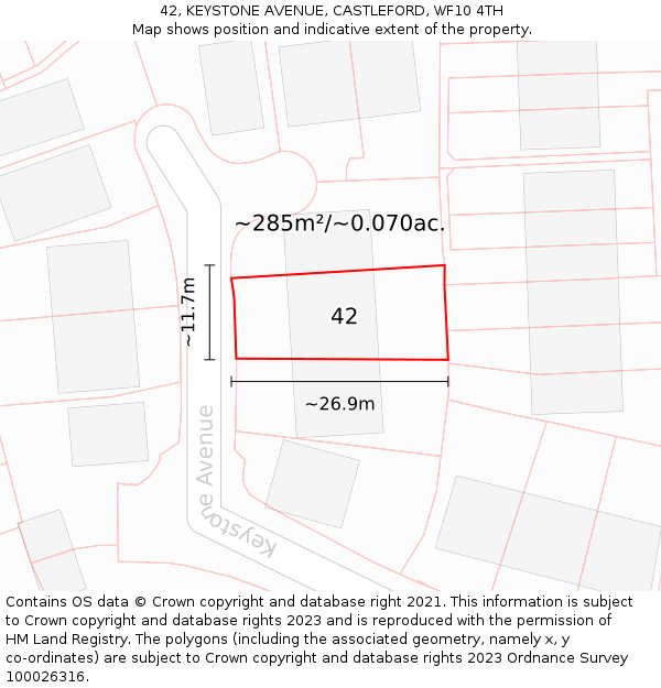 42, KEYSTONE AVENUE, CASTLEFORD, WF10 4TH: Plot and title map