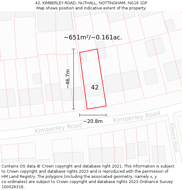 42, KIMBERLEY ROAD, NUTHALL, NOTTINGHAM, NG16 1DF: Plot and title map