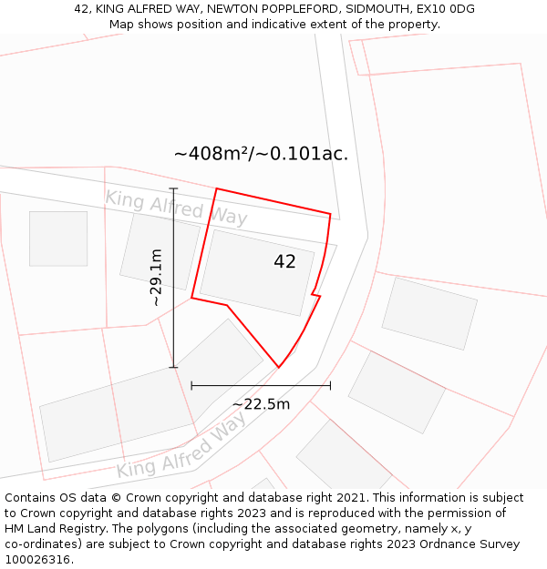 42, KING ALFRED WAY, NEWTON POPPLEFORD, SIDMOUTH, EX10 0DG: Plot and title map