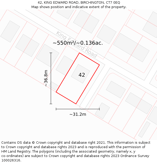 42, KING EDWARD ROAD, BIRCHINGTON, CT7 0EQ: Plot and title map