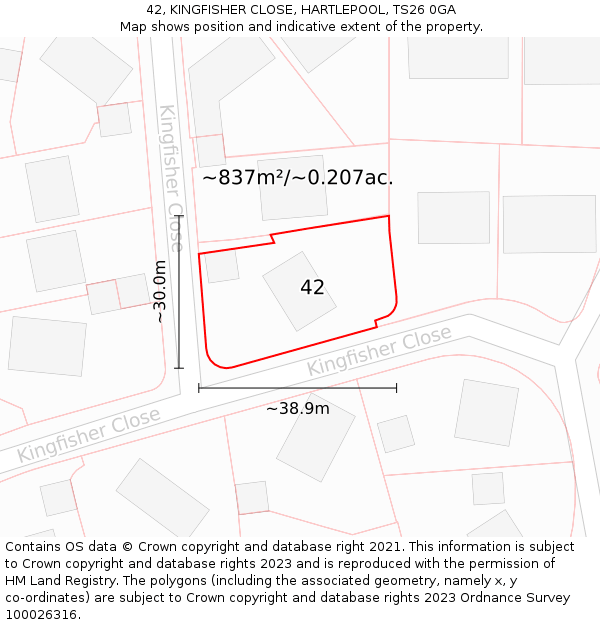 42, KINGFISHER CLOSE, HARTLEPOOL, TS26 0GA: Plot and title map