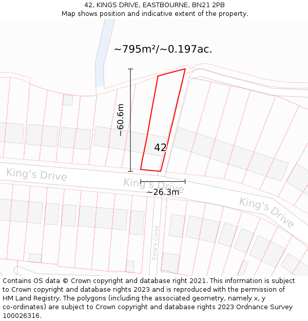 42, KINGS DRIVE, EASTBOURNE, BN21 2PB: Plot and title map