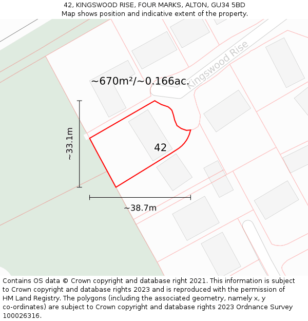 42, KINGSWOOD RISE, FOUR MARKS, ALTON, GU34 5BD: Plot and title map