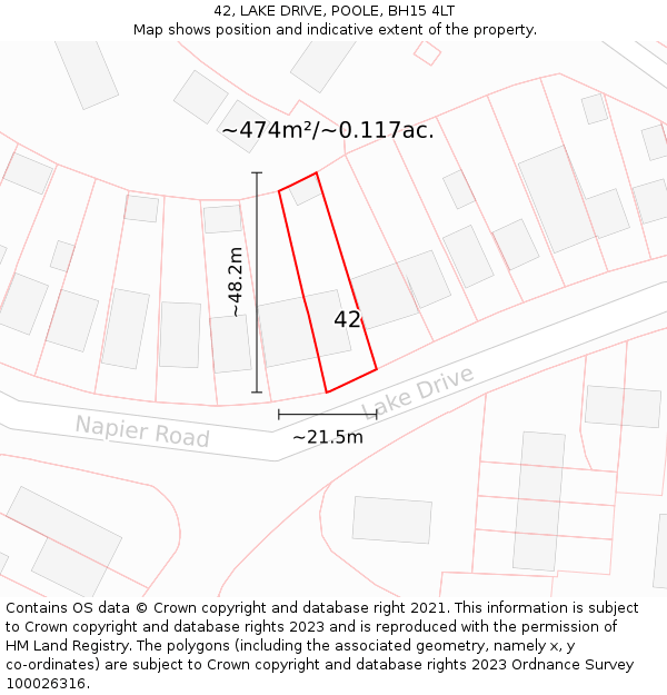 42, LAKE DRIVE, POOLE, BH15 4LT: Plot and title map