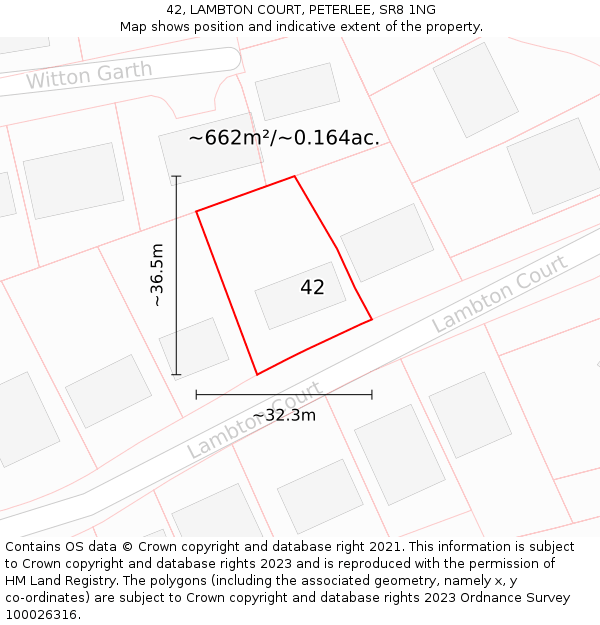 42, LAMBTON COURT, PETERLEE, SR8 1NG: Plot and title map