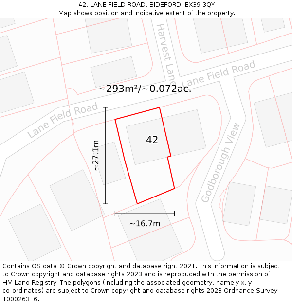 42, LANE FIELD ROAD, BIDEFORD, EX39 3QY: Plot and title map