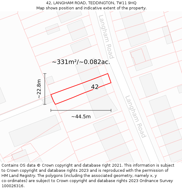 42, LANGHAM ROAD, TEDDINGTON, TW11 9HQ: Plot and title map