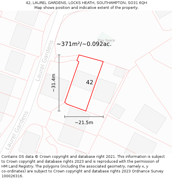 42, LAUREL GARDENS, LOCKS HEATH, SOUTHAMPTON, SO31 6QH: Plot and title map