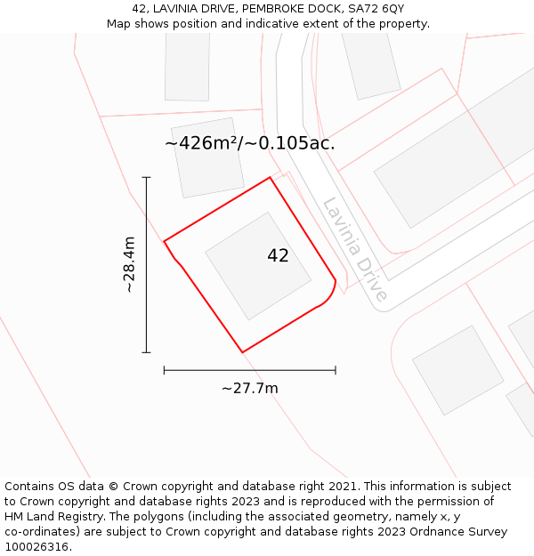 42, LAVINIA DRIVE, PEMBROKE DOCK, SA72 6QY: Plot and title map