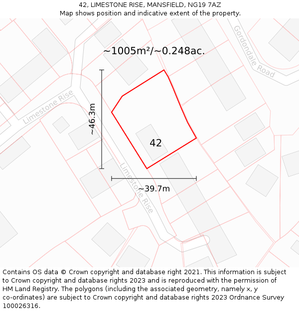 42, LIMESTONE RISE, MANSFIELD, NG19 7AZ: Plot and title map