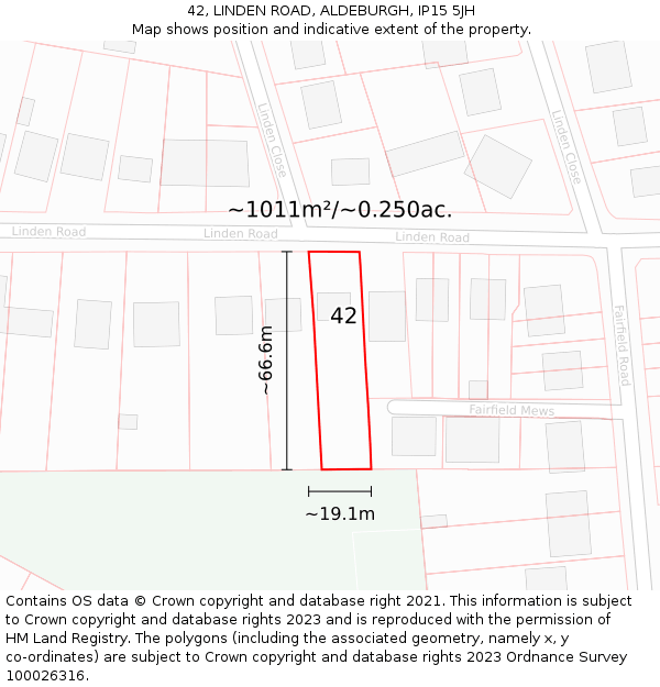 42, LINDEN ROAD, ALDEBURGH, IP15 5JH: Plot and title map