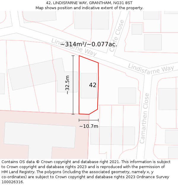 42, LINDISFARNE WAY, GRANTHAM, NG31 8ST: Plot and title map