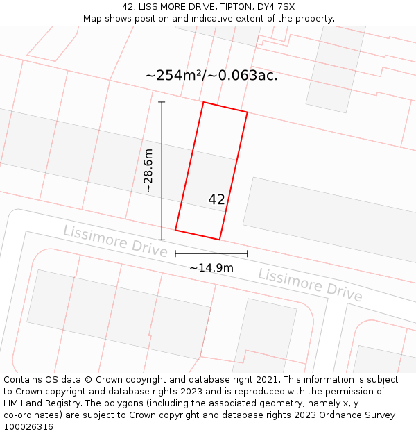 42, LISSIMORE DRIVE, TIPTON, DY4 7SX: Plot and title map