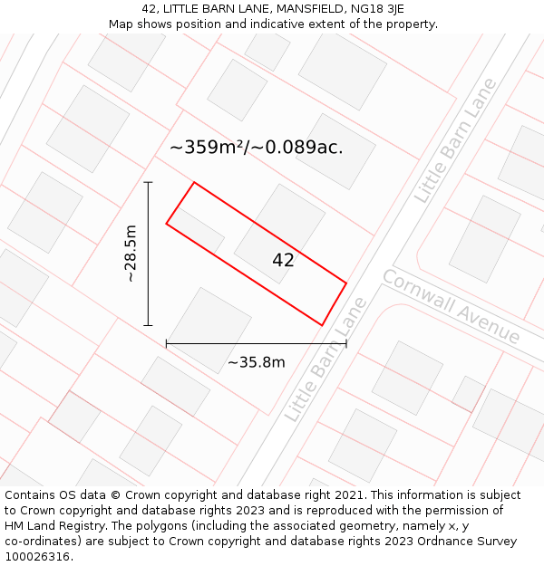 42, LITTLE BARN LANE, MANSFIELD, NG18 3JE: Plot and title map