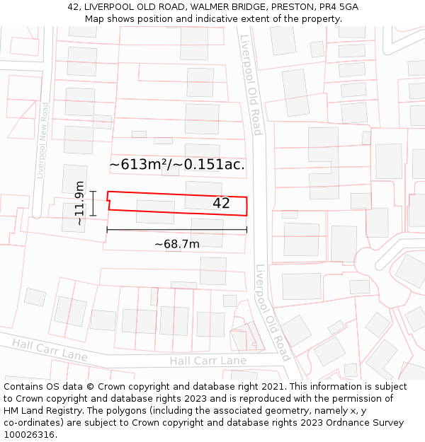 42, LIVERPOOL OLD ROAD, WALMER BRIDGE, PRESTON, PR4 5GA: Plot and title map