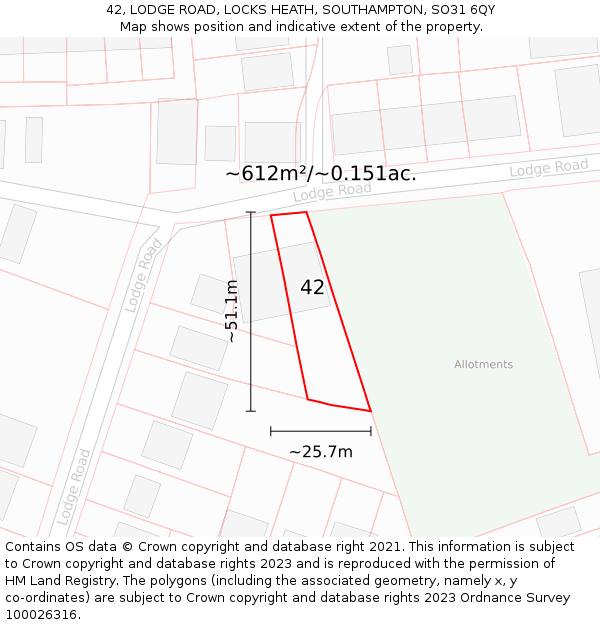 42, LODGE ROAD, LOCKS HEATH, SOUTHAMPTON, SO31 6QY: Plot and title map