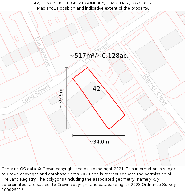 42, LONG STREET, GREAT GONERBY, GRANTHAM, NG31 8LN: Plot and title map