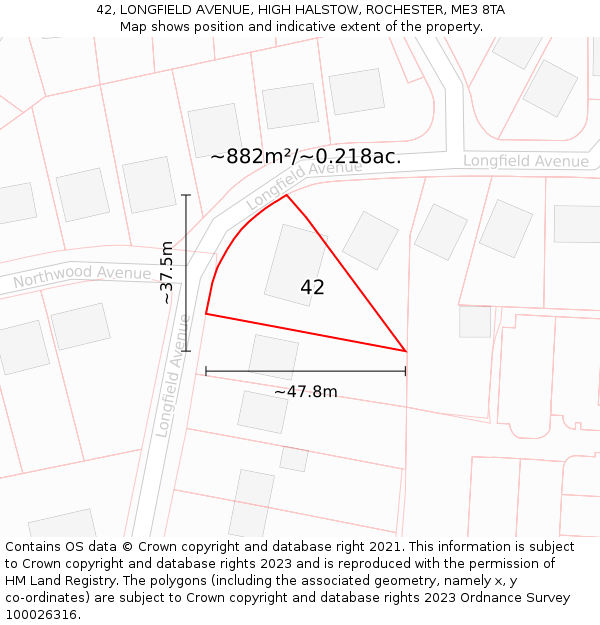 42, LONGFIELD AVENUE, HIGH HALSTOW, ROCHESTER, ME3 8TA: Plot and title map