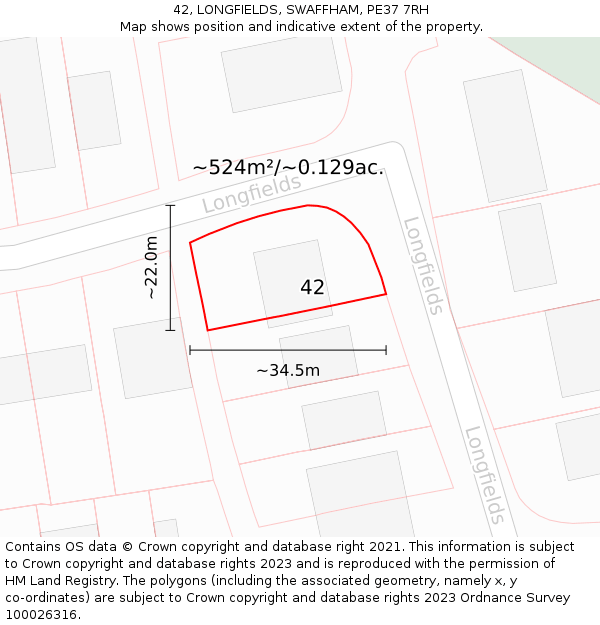 42, LONGFIELDS, SWAFFHAM, PE37 7RH: Plot and title map