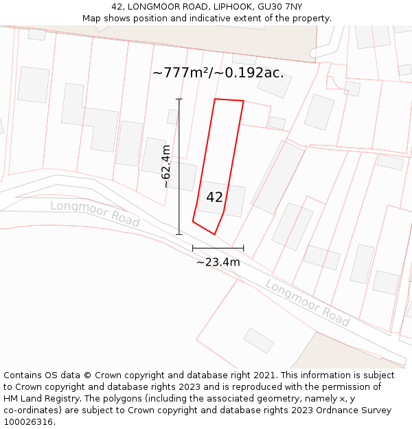 42, LONGMOOR ROAD, LIPHOOK, GU30 7NY: Plot and title map